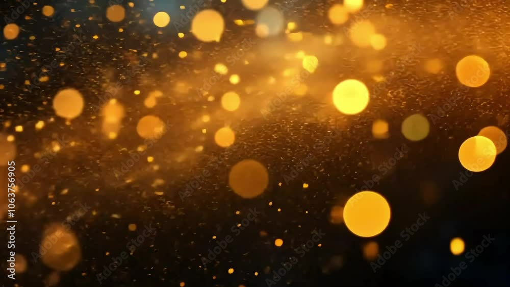 Abstract black background with blurry gold bokeh lights and glitter. Abstract black background with blurry gold bokeh lights and glitter.