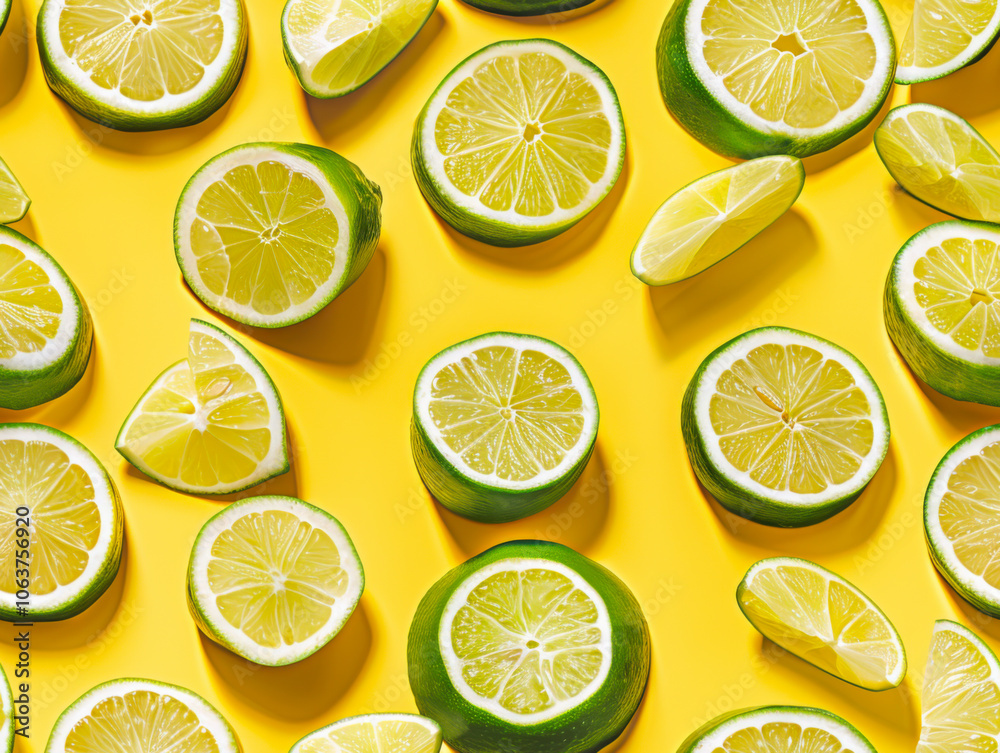 slices and whole, shot from above, making a fun pattern on a lime background slices and whole, shot from above, making a fun pattern on a lime background