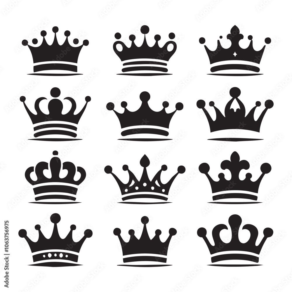 Silhouette set of crown on white background Silhouette set of crown on white background