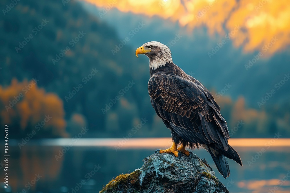 Fototapeta premium Bald Eagle Perched on a Rock by a Lake at Sunset