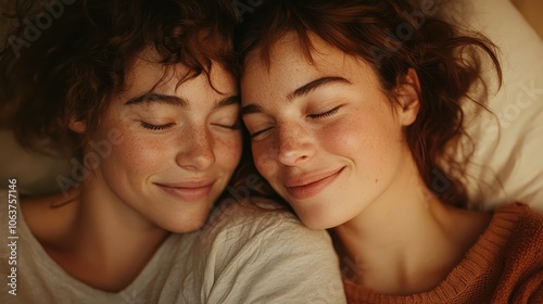 Two women resting side by side with eyes closed, radiating a sense of peace, tranquility, and unity in a moment of calm and shared companionship. photo