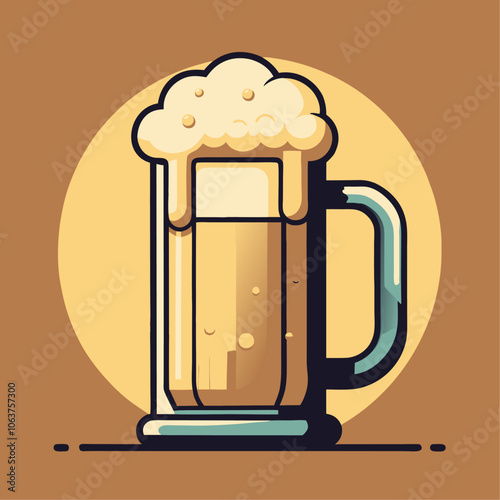 Tall beer glass, brimming with golden beer and topped with a frothy head, sits against a bright yellow circular backdrop, creating a refreshing and inviting scene