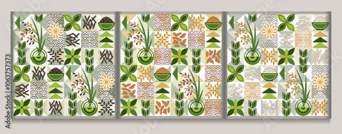 Set of seamless patterns with icons of white, black, brown rice, traditional asian outline ornament, geometric shapes on mosaic background. For branding, decoration of food package, prints