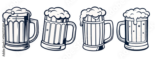 Four beer mugs, overflowing with frothy beer, are depicted in a monochrome style, evoking the refreshing and celebratory aspects of beer consumption