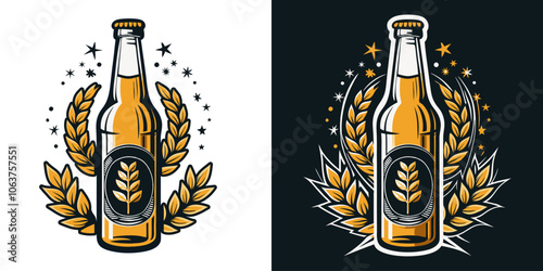 Vintage beer bottle with barley and stars, perfect for breweries and pubs. Ideal for marketing at parties, festivals, or oktoberfest events. Cheers to this stylish emblem.