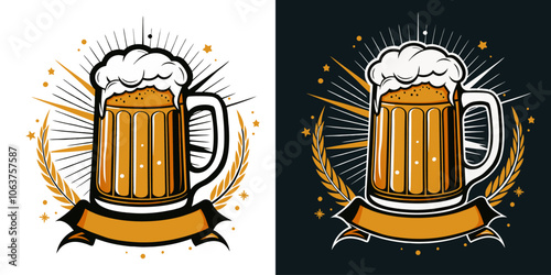 Large beer mug with foam and decorative barley twigs and ribbon banner, suitable for brewery or pub logo, presented on white and dark background