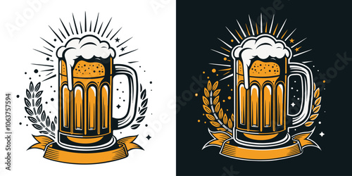 Refreshing beer overflowing from a glass, adorned with barley twigs and a ribbon banner, evokes the festive spirit of oktoberfest, symbolizing celebration and enjoyment