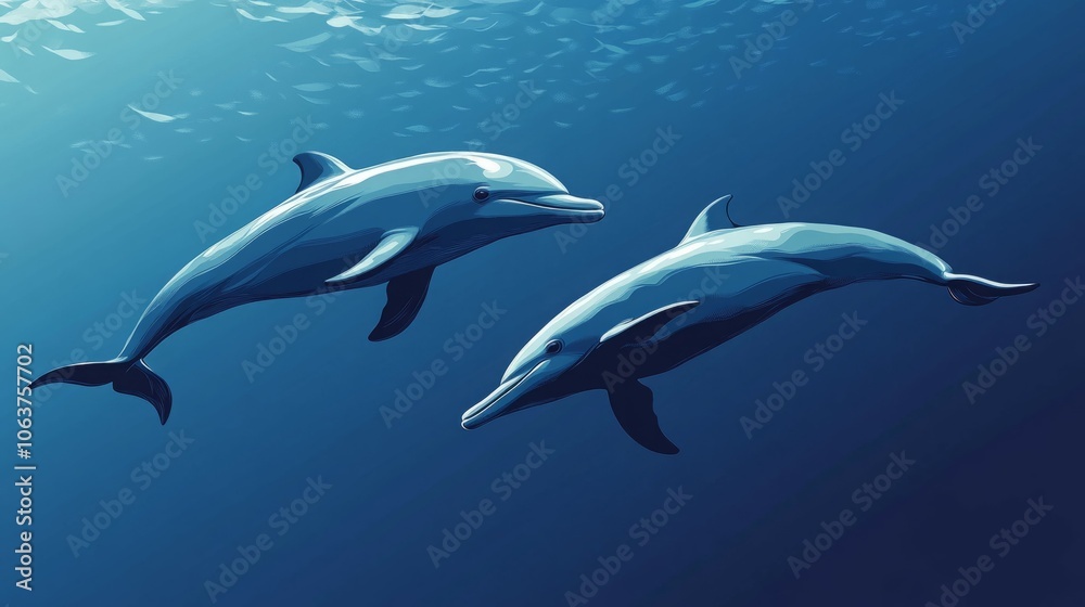 Fototapeta premium Two dolphins swimming gracefully in deep blue waters.