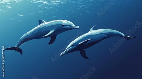 Two dolphins swimming gracefully in deep blue waters.