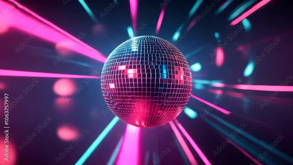A disco ball is surrounded by pink and blue laser beams
