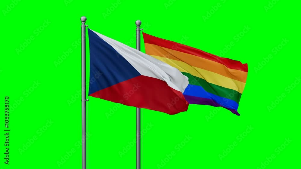 LGBT movement flag also Gay Pride and Czech Republic two flags waving cycle looped video, tolerance conception in country