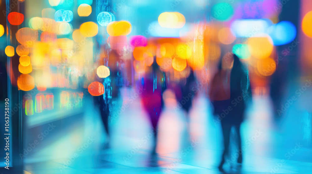 Blurry Christmas street lights with shoppers walking past festive window displays at twilight
