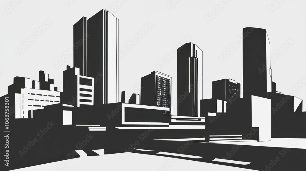Naklejka premium Minimalist poster showcasing abstract neo-brutalist buildings in monochrome tones