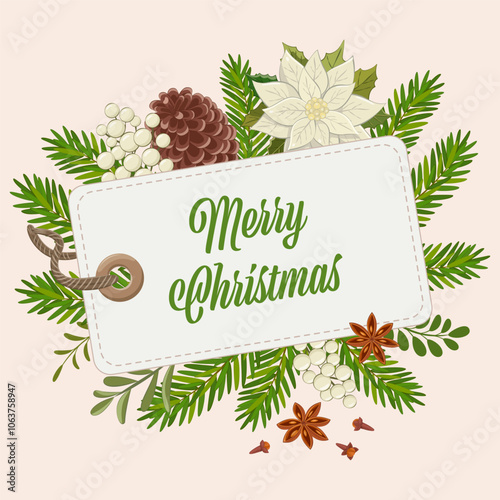 Christmas white tag with Merry Christmas lettering. A vibrant holiday design featuring pine cone and tree branches arranged for festive decoration during winter