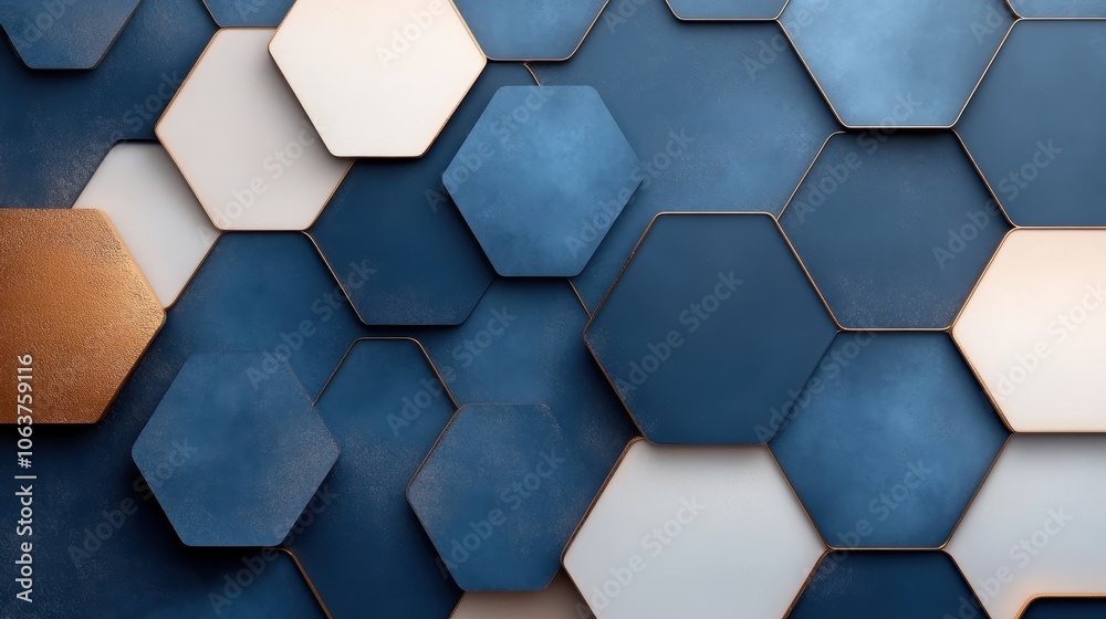 This image shows a captivating arrangement of blue and gold hexagons, layered and creating a sense of depth, blending modern design with artistic beauty.