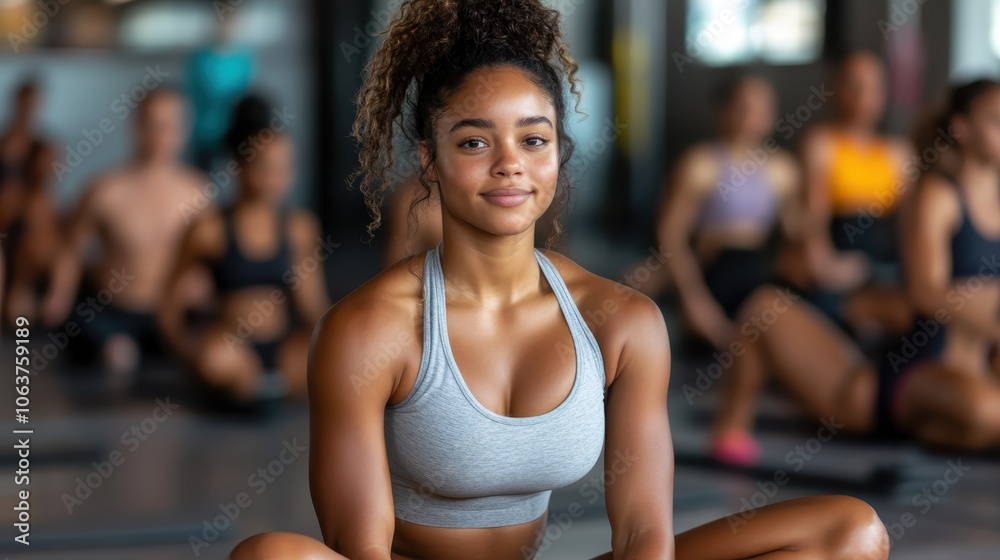 A young yoga participant in a serene pose, exemplifying harmony and wellness in a group class setting, exuding a sense of peace and mindfulness. A young yoga participant in a serene pose, exemplifying harmony and wellness in a group class setting, exuding a sense of peace and mindfulness.