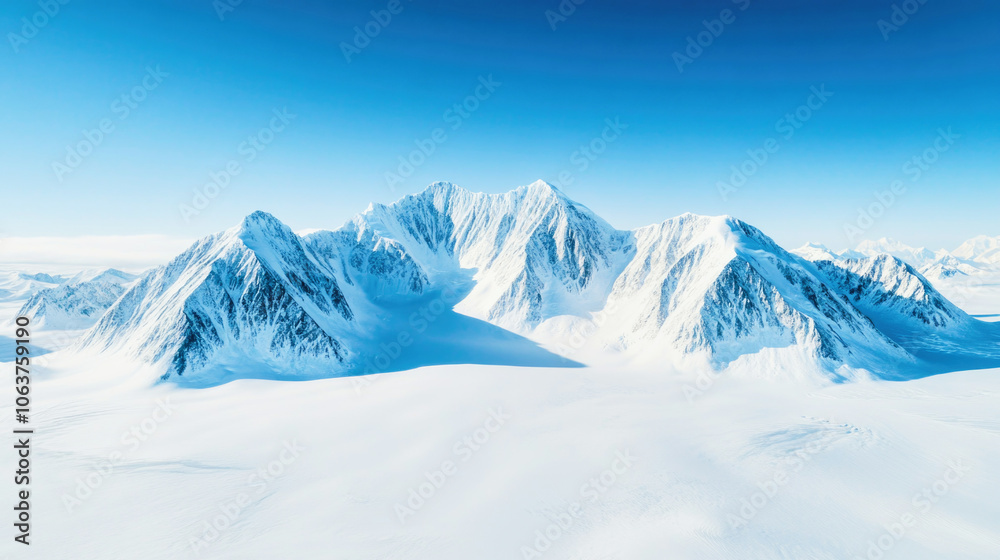 Aerial view of majestic snow-covered mountain peaks under a clear blue sky in winter Aerial view of majestic snow-covered mountain peaks under a clear blue sky in winter