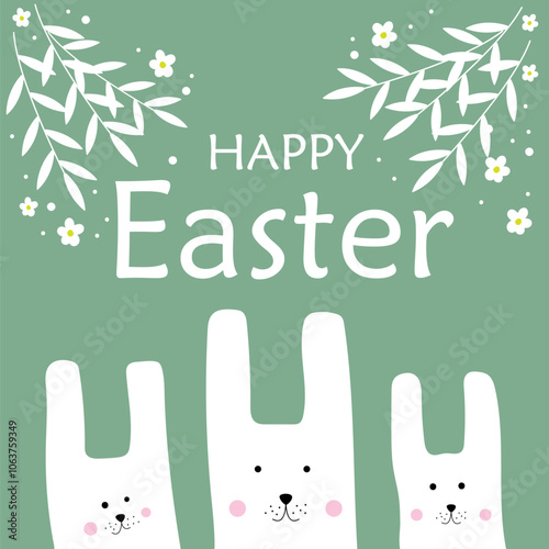 Happy Easter. Three cute Easter bunnies. Greeting card. vector illustration