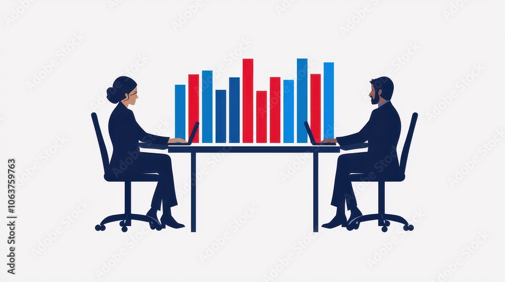 Fototapeta premium Business professionals analyzing data with bar charts on a table, white isolated background.