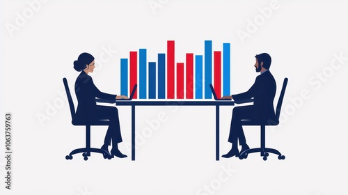 Business professionals analyzing data with bar charts on a table, white isolated background.