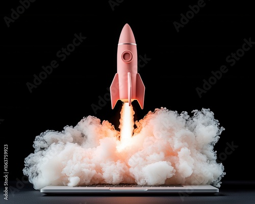 A pink rocket launching with smoke from a tablet on a black background.