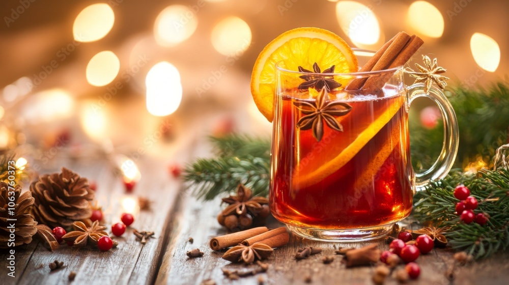 Festive Glass Mug of Mulled Wine with Spices and Orange Garnish on Rustic Wooden Table with Holiday Decor Festive Glass Mug of Mulled Wine with Spices and Orange Garnish on Rustic Wooden Table with Holiday Decor