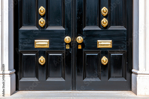 iconic black door of 10 Downing Street with brass fixtures photo