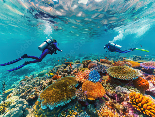 Family scuba diving in crystal clear tropical waters, exploring vibrant coral reefs and marine life, with colorful fish swimming around