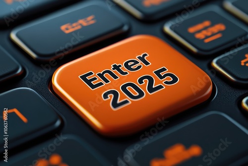 Closeup of computer keyboard with 2025 new year numbers on the enter button photo