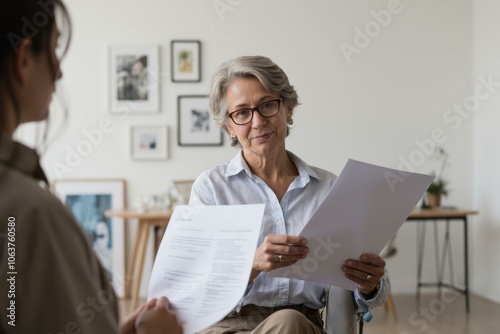 Elderly woman reviews important documents with care and concern, sitting in a cozy, well-lit room filled with personal memories, seeking clarity and understanding.