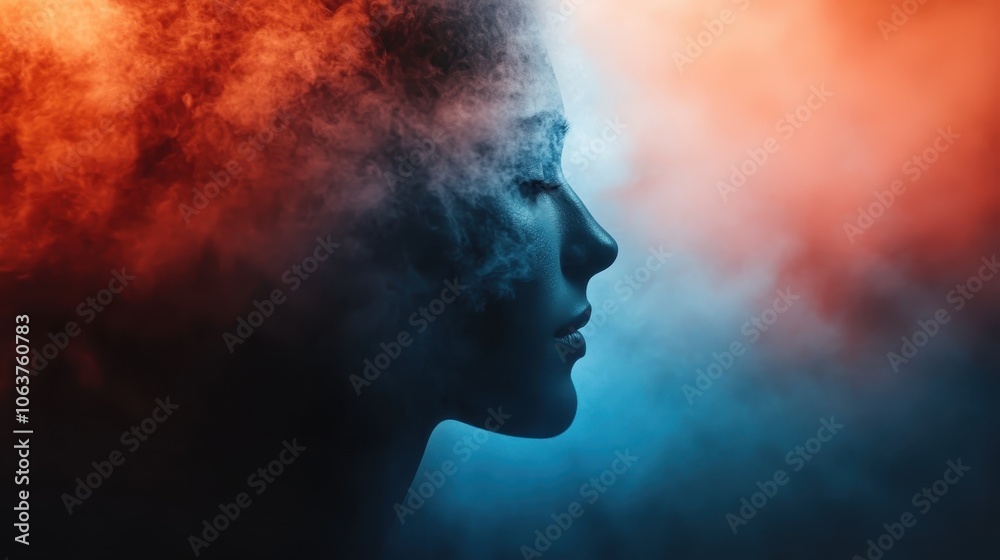 A dramatic smoky silhouette profile of a woman set against a vividly abstract background of swirling blue and orange hues, conveying mystery and emotion. A dramatic smoky silhouette profile of a woman set against a vividly abstract background of swirling blue and orange hues, conveying mystery and emotion.
