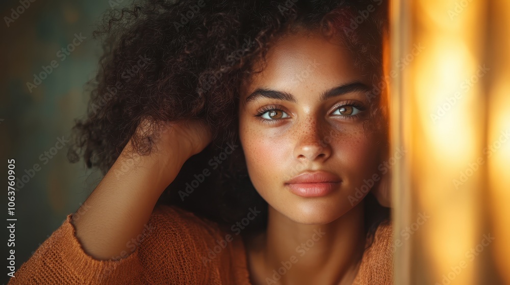 A powerful, close-up portrait of a woman with natural curls, her serene expression illuminated by warm light, embodying thoughtful introspection and emotion. A powerful, close-up portrait of a woman with natural curls, her serene expression illuminated by warm light, embodying thoughtful introspection and emotion.