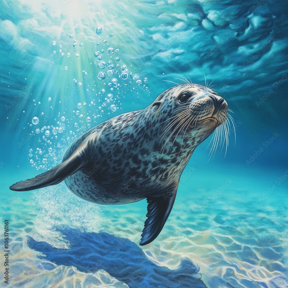 Fototapeta premium Sea Lion Diving with Bubbles Underwater