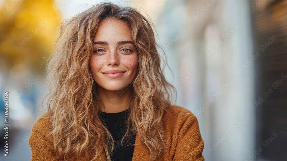 A young woman with curly hair smiles warmly, loving the outdoor environment around her, which is vibrant and full of life and colors, creating a joyful scene. A young woman with curly hair smiles warmly, loving the outdoor environment around her, which is vibrant and full of life and colors, creating a joyful scene.