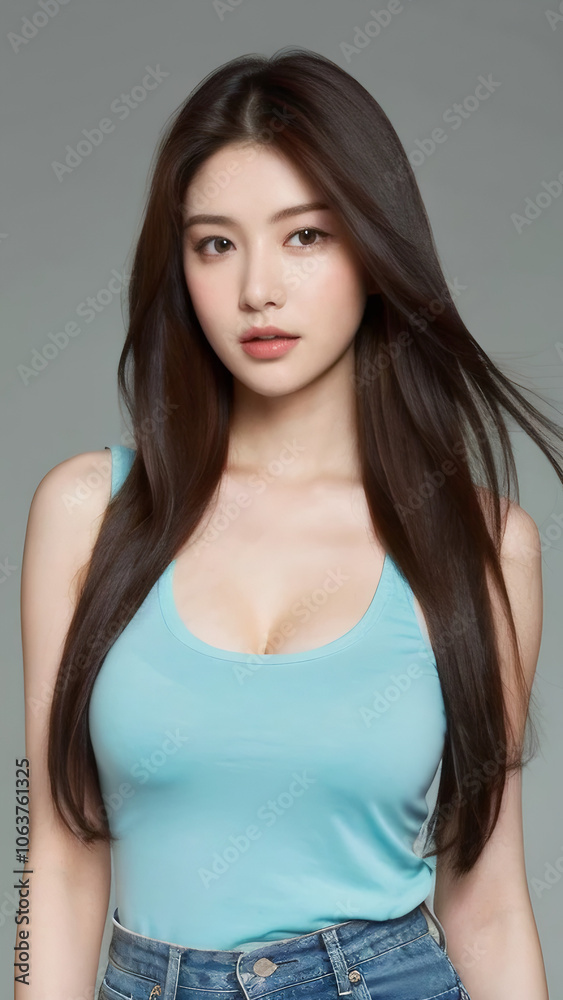 Close-Up Portrait of an Asian Woman with a Perfect Body, Beautiful Facial Features, Long Hair, Wearing a Tank Top and Jeans.
Close-Up Portrait of an Asian Woman with a Perfect Body, Beautiful Facial Features, Long Hair, Wearing a Tank Top and Jeans.
