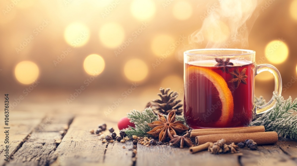  Festive Glass Mug of Mulled Wine with Spices and Orange Garnish on Rustic Wooden Table with Holiday Decor