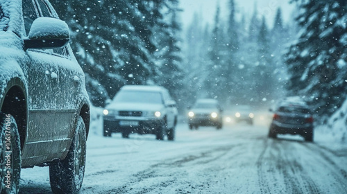 Traffic jam on a snowy forest road with cars covered in snow during winter weather