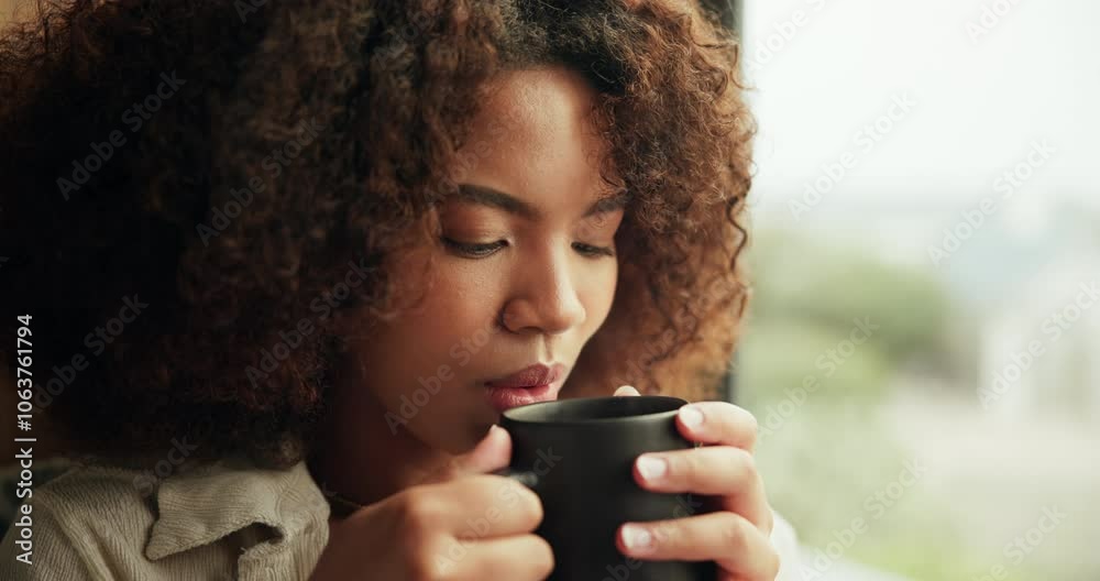 Coffee, window and woman in home for relax, resting and drinking on weekend in apartment. Morning, living room and person with caffeine beverage for calm, peace and wellness by glass for view