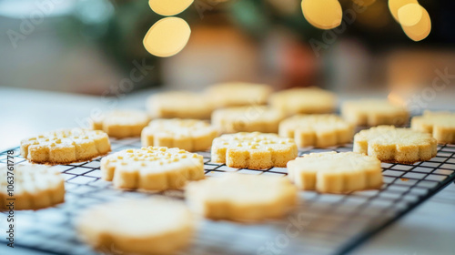 Defocused Christmas cookies cooling on a rack in a festive kitchen with holiday lights