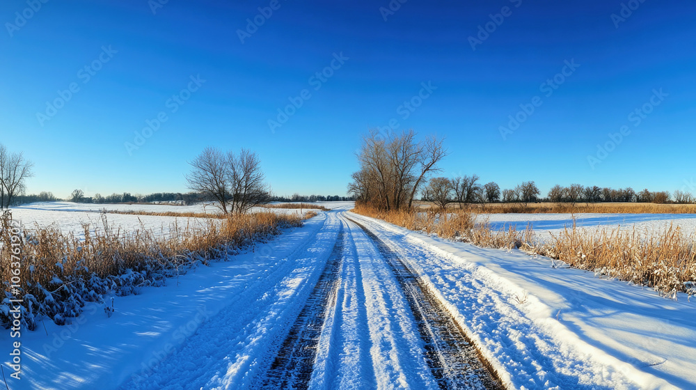 Deserted country road blanketed in fresh snow under a clear blue sky stretching to the horizon Deserted country road blanketed in fresh snow under a clear blue sky stretching to the horizon