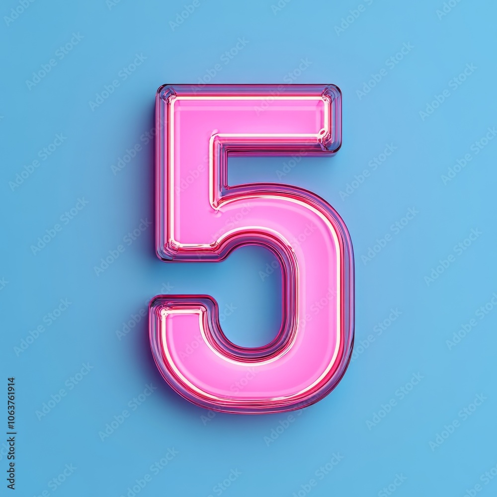 A glowing pink number five against a blue background. A glowing pink number five against a blue background.
