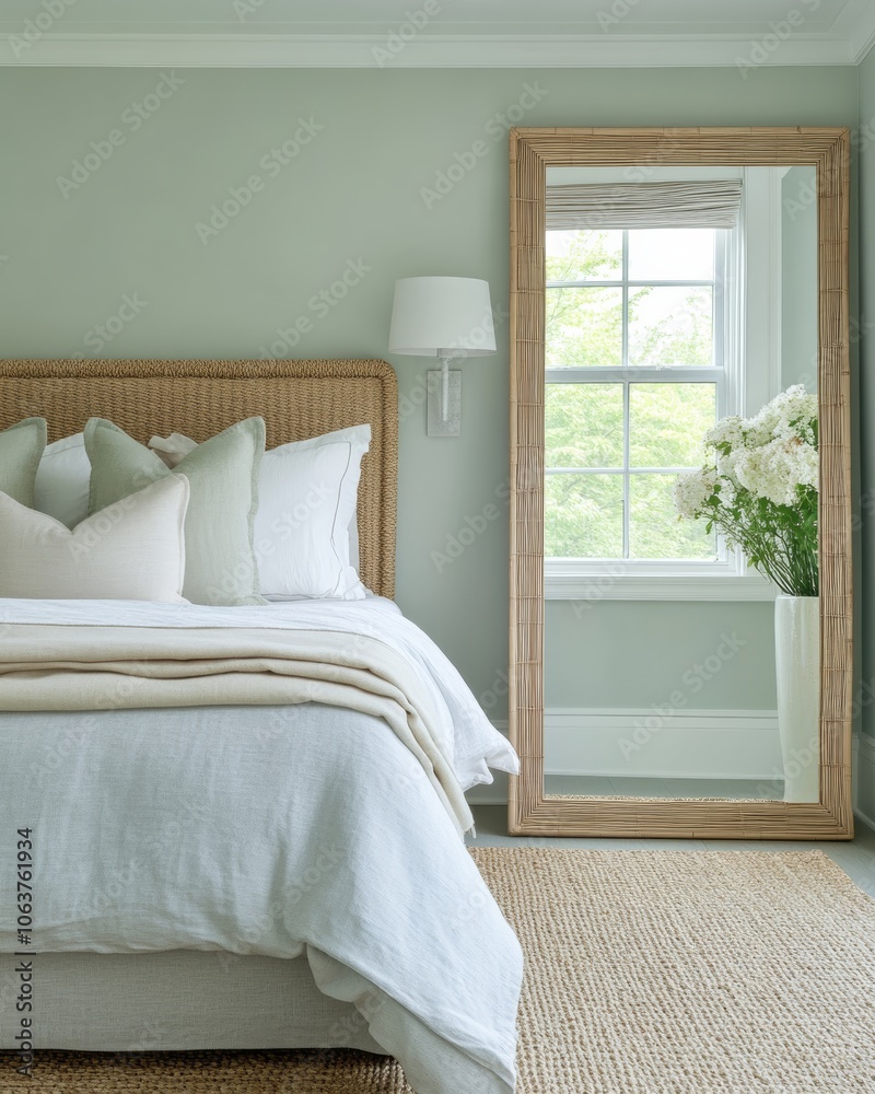 Pale Green Bedroom with Gray Bedding and Jute Rug Pale Green Bedroom with Gray Bedding and Jute Rug