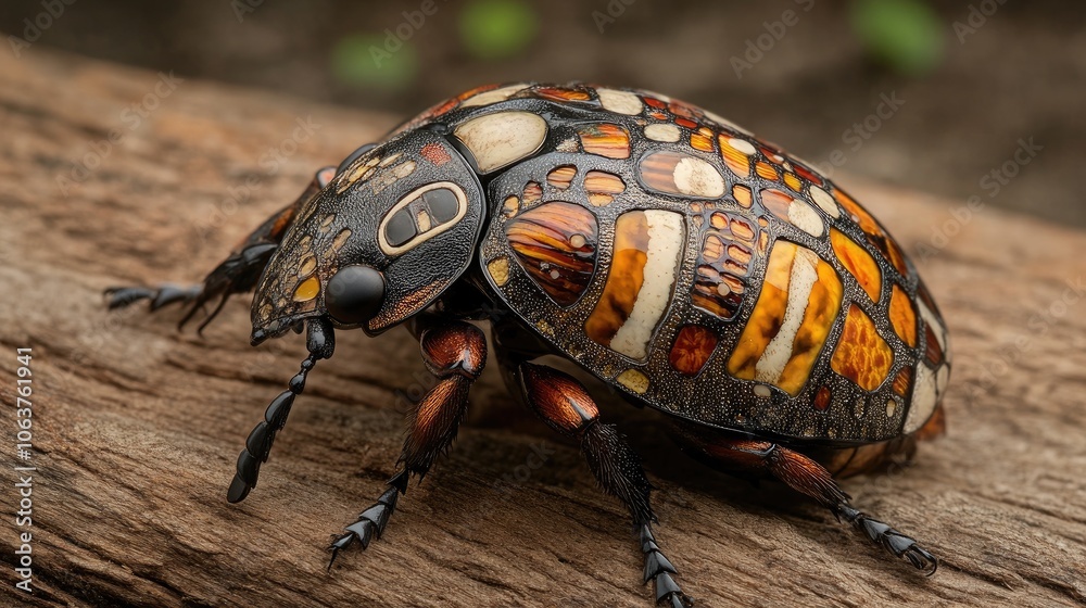 Colorful Beetle on Wooden Surface in Nature Colorful Beetle on Wooden Surface in Nature