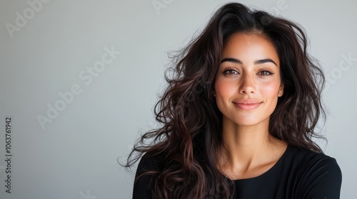 A vibrant portrait of a smiling woman with wavy hair, exuding a sense of confidence and warmth, captured in a modern and minimalist setting. photo