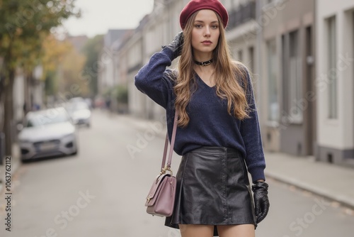 Young woman stylishly poses on urban street wearing beret hat, leather skirt, and carrying handbag exuding confidence in trendy outfit under city lights photo