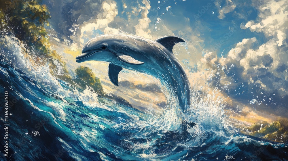 Naklejka premium Graceful Dolphin Leaping Above Ocean Waves