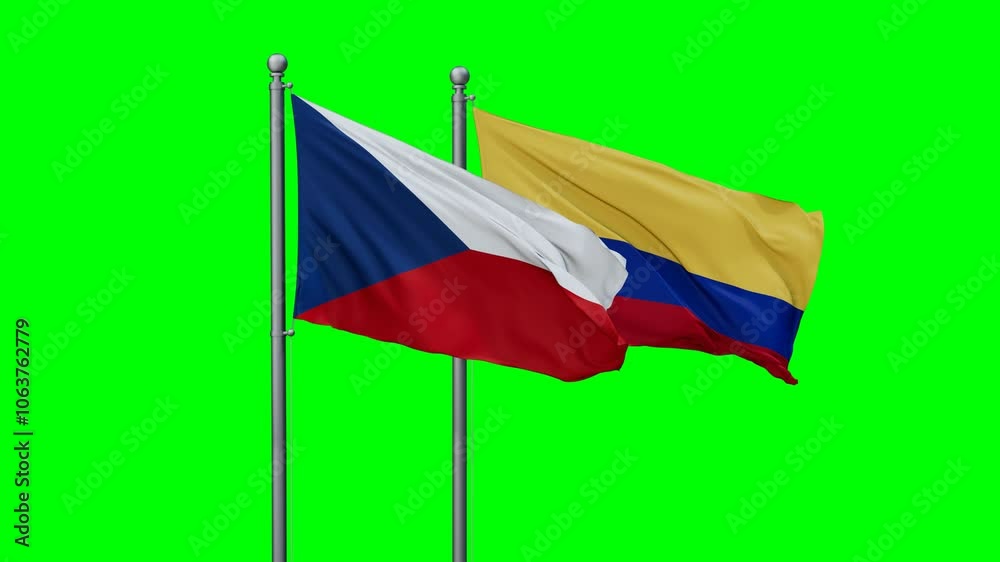 Colombia and Czech Republic flags flying together, video concept of the relationship with colored chroma key for easy background remove, two country cooperation concept Colombia and Czech Republic flags flying together, video concept of the relationship with colored chroma key for easy background remove, two country cooperation concept