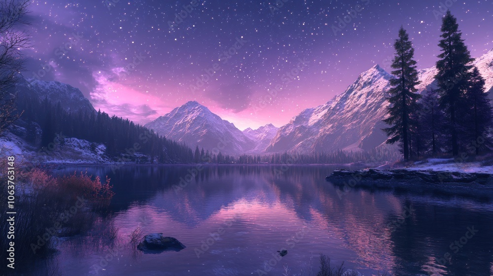 A serene mountain lake with a snow-capped mountain range in the background, illuminated by a vibrant, starry night sky and a soft pink glow on the horizon. A serene mountain lake with a snow-capped mountain range in the background, illuminated by a vibrant, starry night sky and a soft pink glow on the horizon.