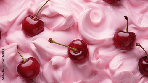 Yogurt with cherries. Close-up texture