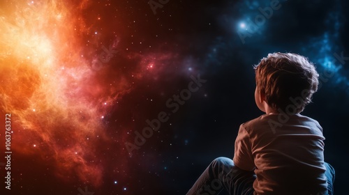 A young child gazes in awe at the vast and vibrant cosmic landscape above, surrounded by bright nebulas and stars in a scene of exploration and wonder.